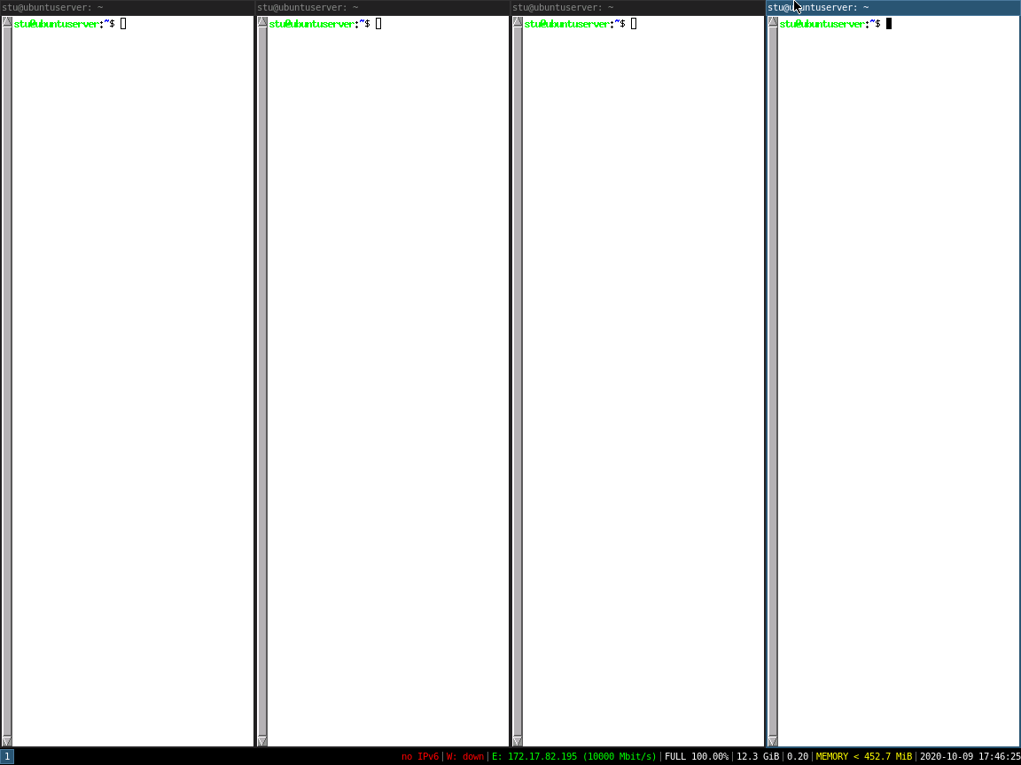 Four terminal windows laid out in columns.