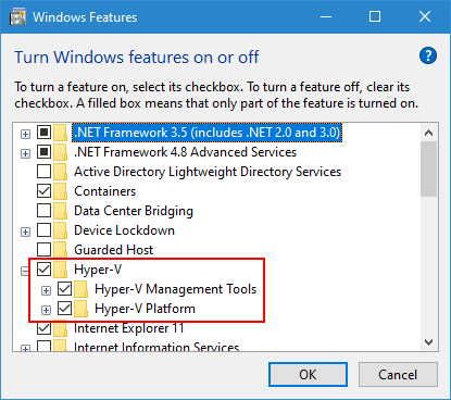 Turn Windows features on or off - Hyper-V