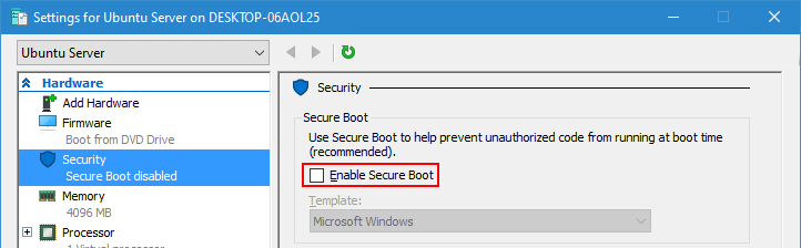 New virtual machine - disable secure boot