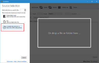 Choosing a DVD drive as source in Handbrake.